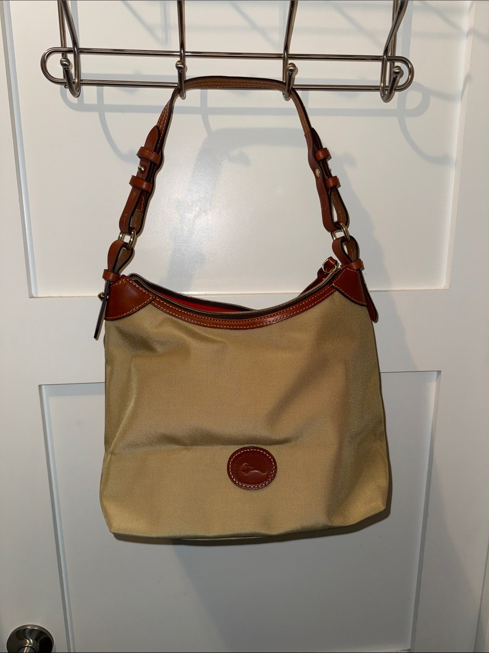 Dooney & Bourke Tan Canvas Shoulder Bag with Brown Leather Trim